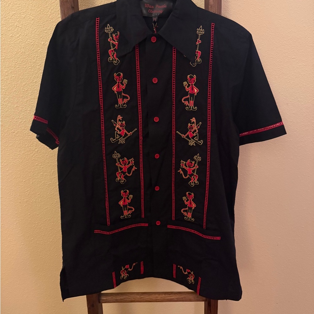 Men's Black Shirt with Red Devil Embroidery